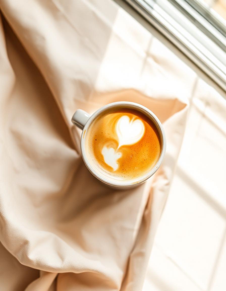 A latte poured in a ceramic cup, warm window light
